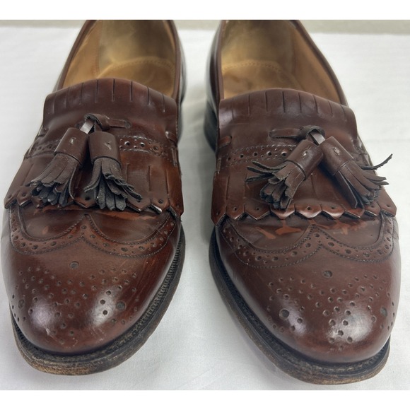 Johnston & Murphy Optima Sz 9.5 C Brown Leather Tassels Wing Tip Slip On Preppy - Picture 2 of 13